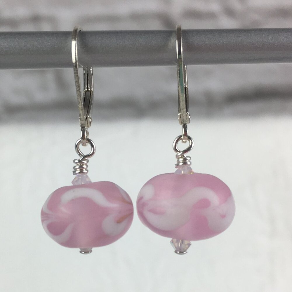 Handmade Pink & White Frosted Swirl Lampwork Glass Bead Earrings